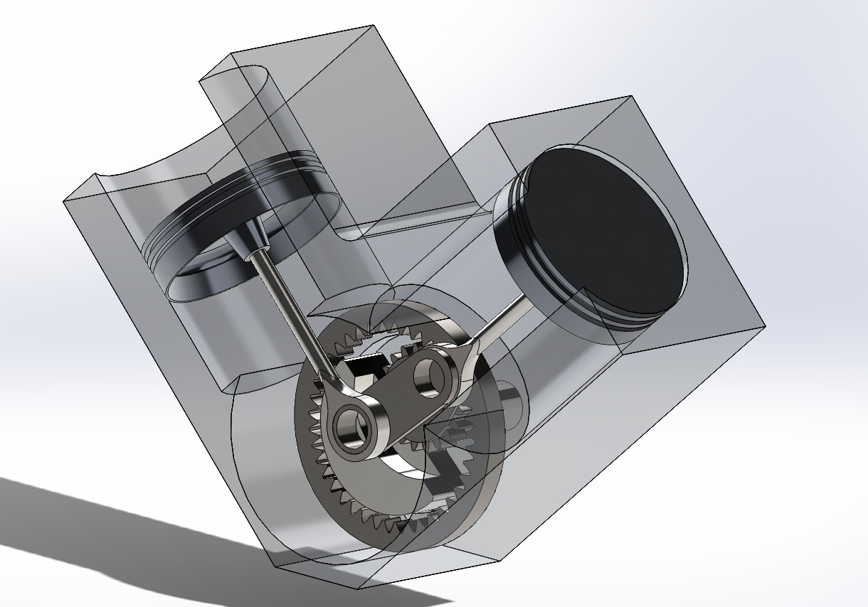 这是一个V型双引擎利用齿轮和曲柄产生直线运动